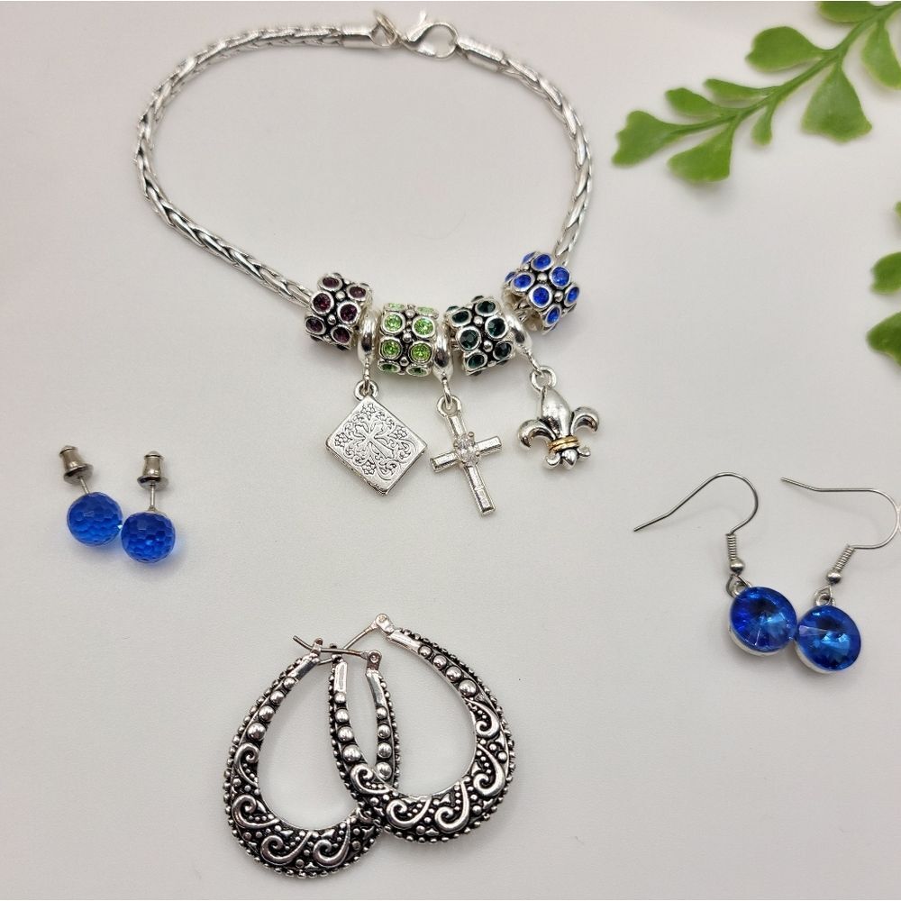 Jewelry Bundle Silvertone Charm Bracelet  Blue and Green & 3 Pair Earrings